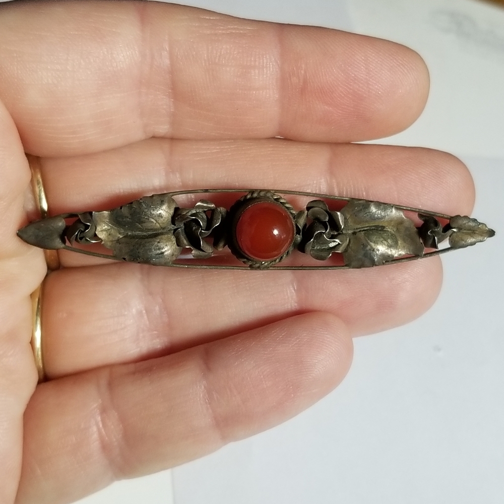 Antique bar pin arts and crafts style orange cabochon leaves - Picture 2 of 16